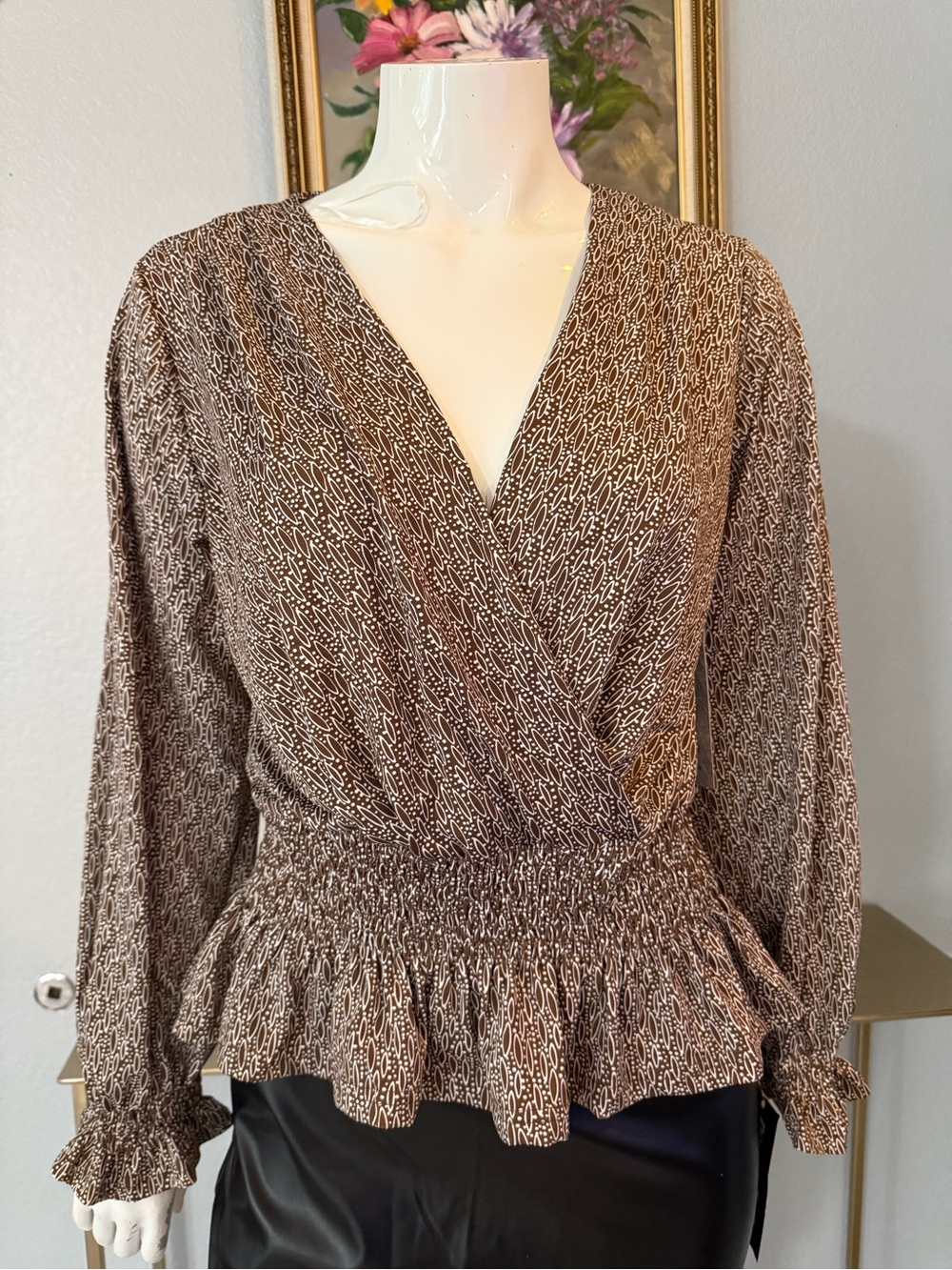 Smocked Wrap Peplum Blouse in Brown Print - Women's Top